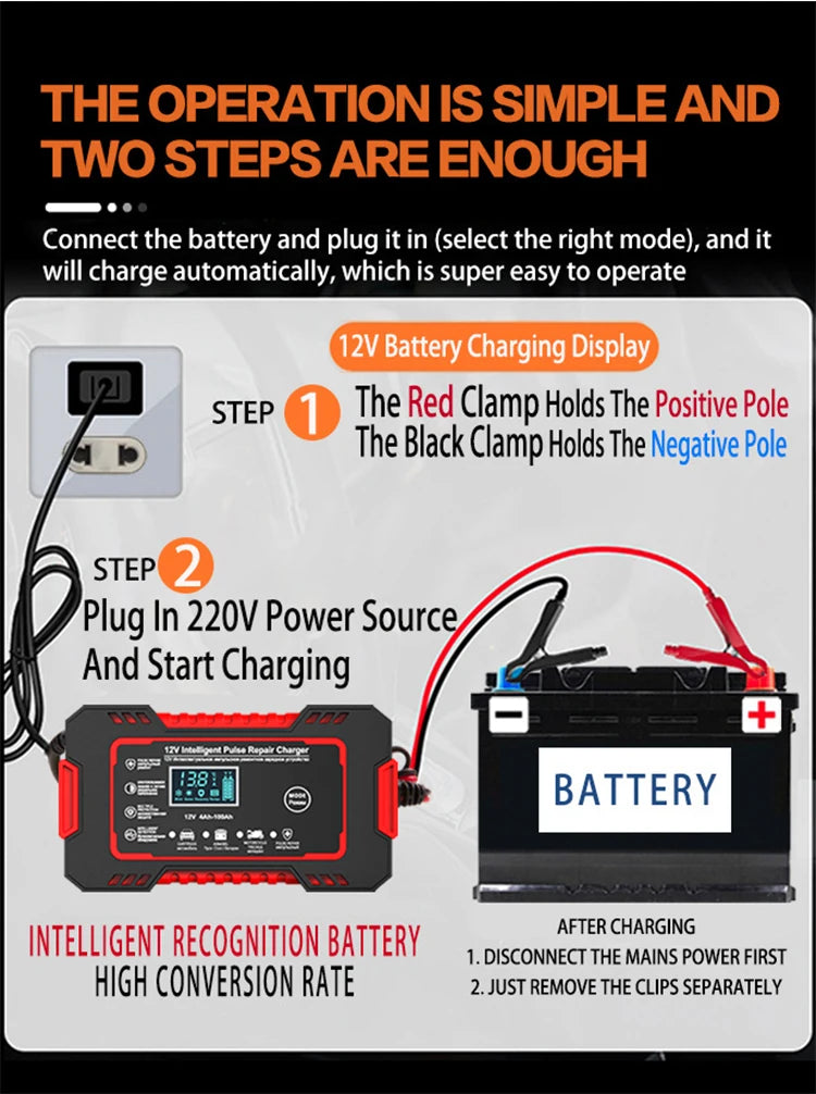 Car Battery Charger 12V 6A Pulse Repair LCD Display /GEL Lead-Acid Charger For Auto Motorcycle