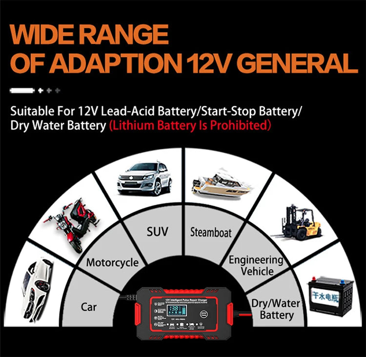 Car Battery Charger 12V 6A Pulse Repair LCD Display /GEL Lead-Acid Charger For Auto Motorcycle