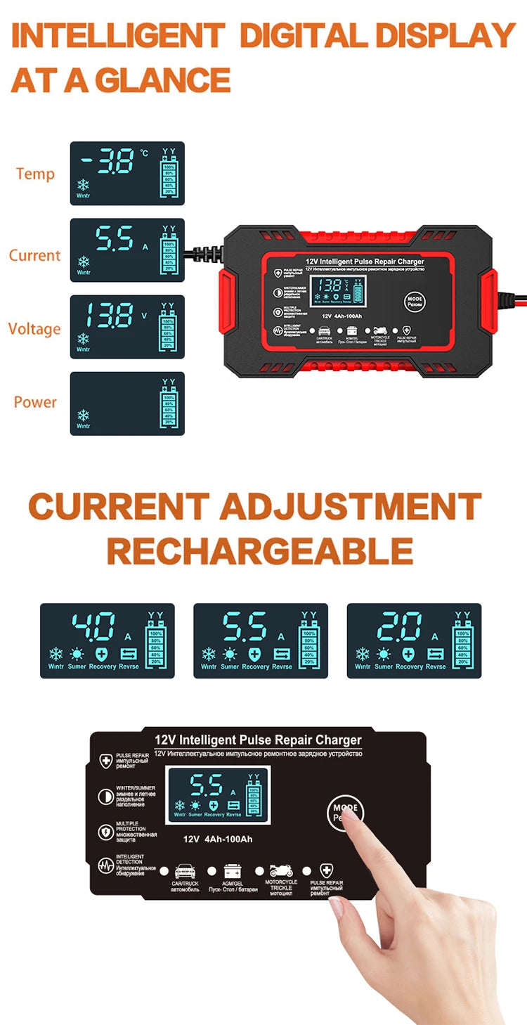 Car Battery Charger 12V 6A Pulse Repair LCD Display /GEL Lead-Acid Charger For Auto Motorcycle