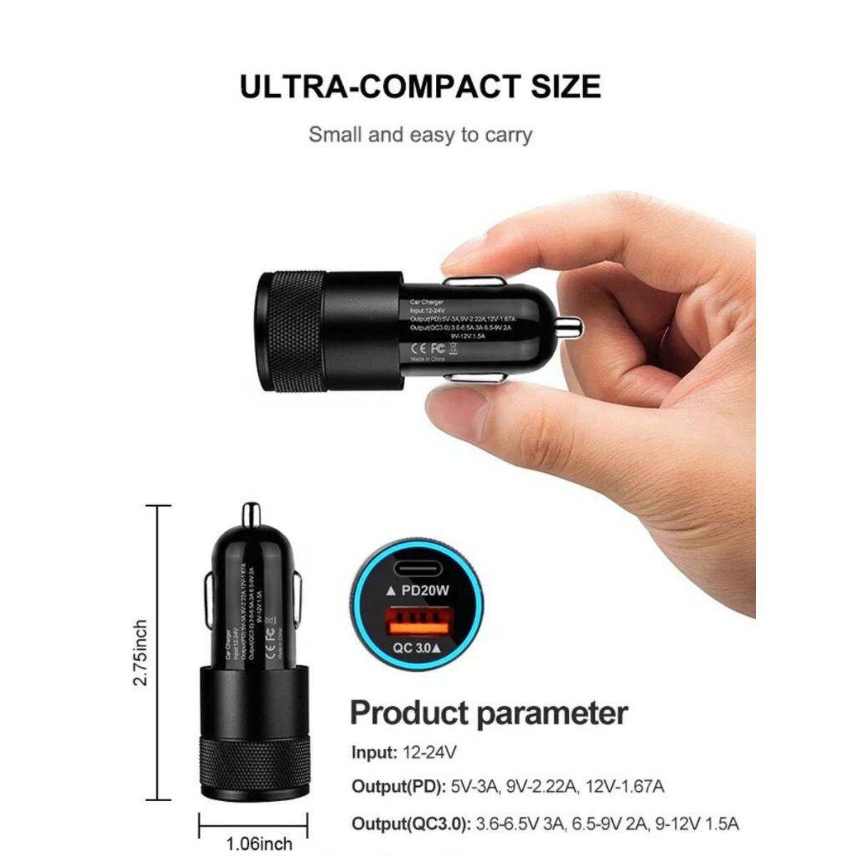 USB C Car Charger / Dual Port PD 20W/QC3.0 / Fast Charging